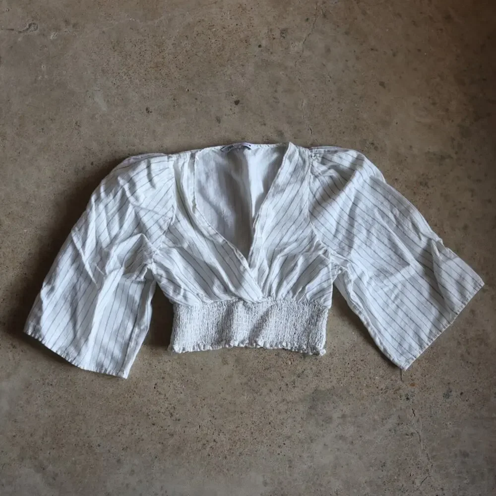 Zara White Pinstripe Smocked Crop Top XS Cottagecore Peasant Sleeve Blouse